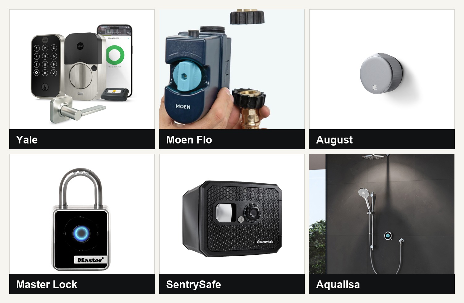 Collage of Yale, Moen Flo, August, Master Lock, SentrySafe, and Aqualisa product systems